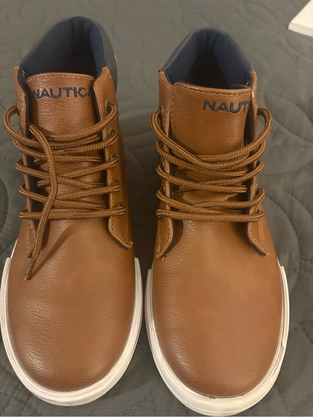Nautica Boy’s Tan Brown Leather Chukka Boots with White Sole